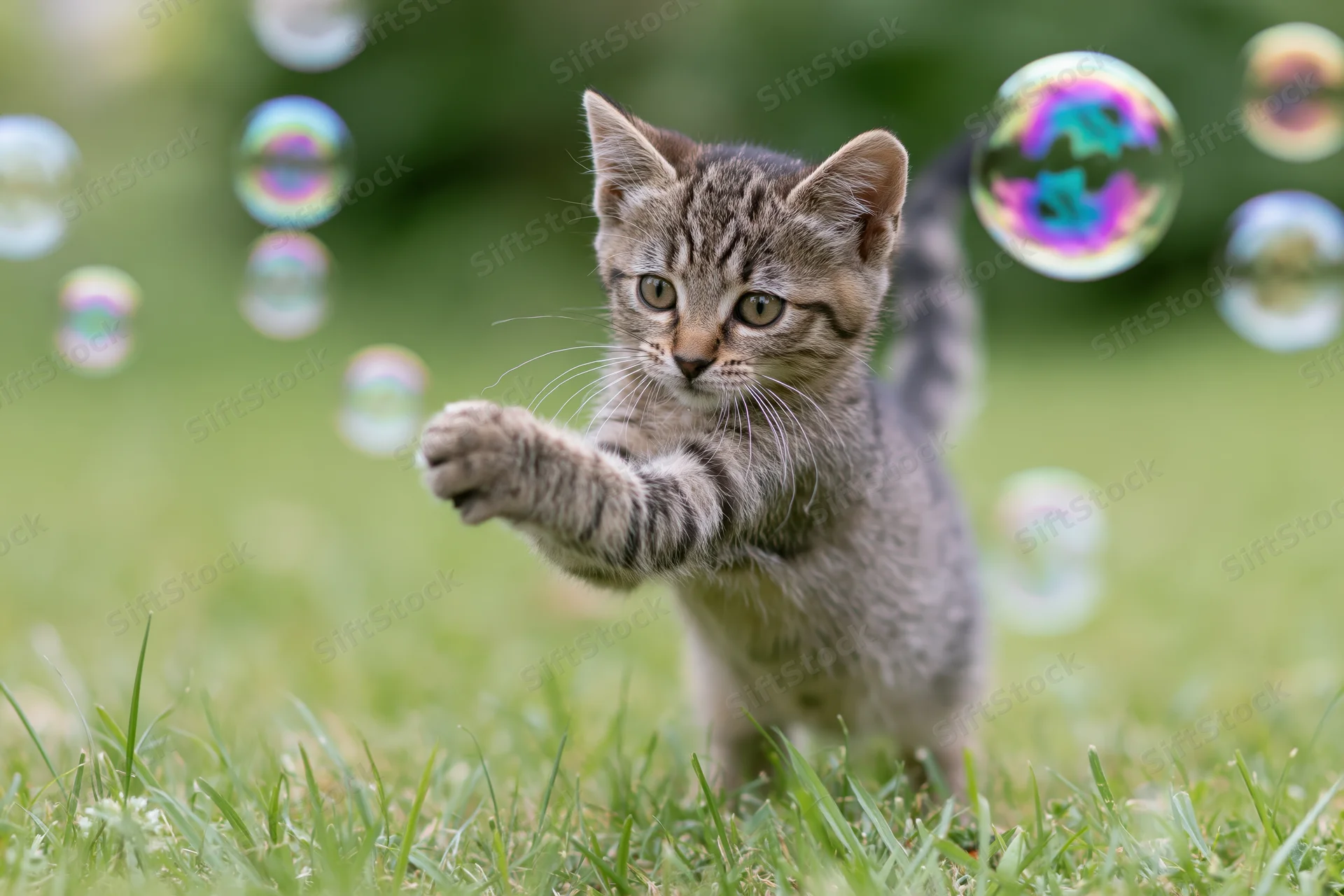 Young tabby kitten mid-leap in green grass with paw extended toward floating soap bubbles