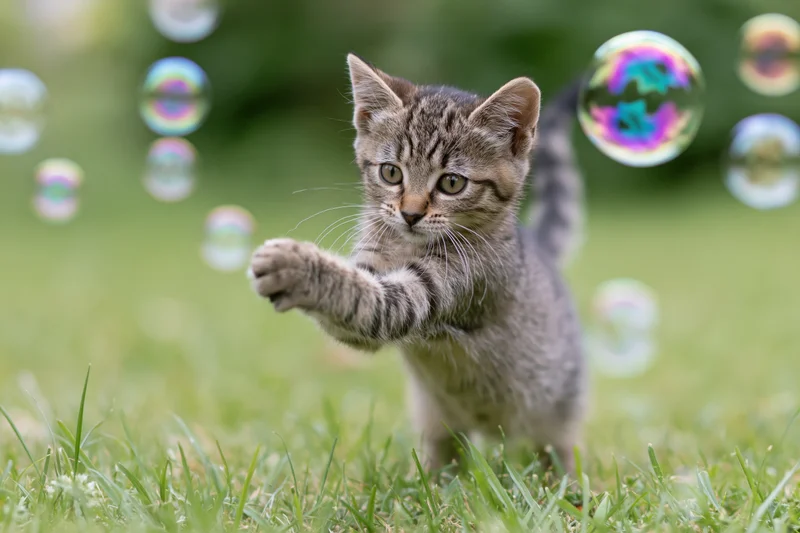 Young tabby kitten mid-leap in green grass with paw extended toward floating soap bubbles