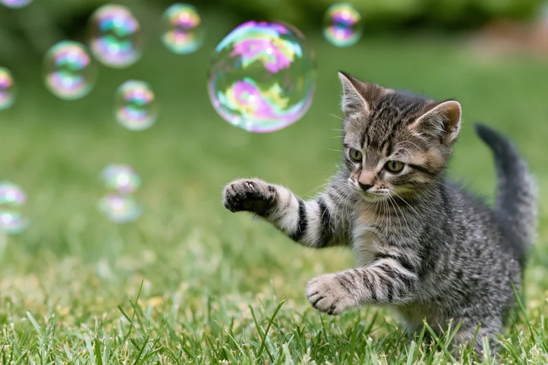 Young tabby kitten mid-leap in green grass reaching for floating soap bubbles