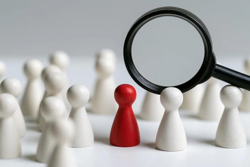 Black magnifying glass focusing on a red wooden figure among white figures on a white surface