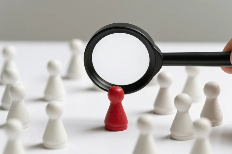 Hand holding magnifying glass focusing on red figurine among white ones on white surface