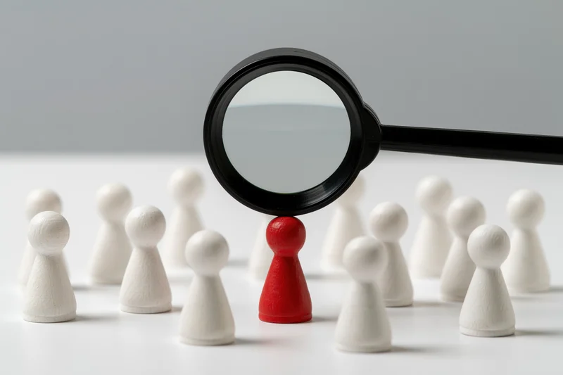 Black magnifying glass focusing on single red wooden figure among white figures on white surface
