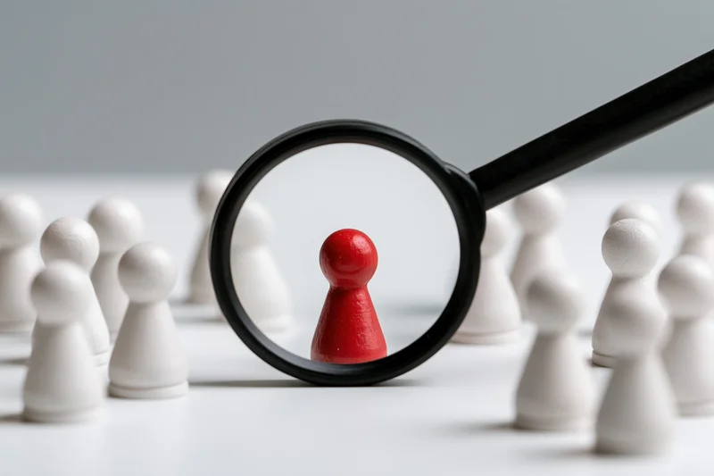 Black magnifying glass focusing on single red figurine among white ones on white surface