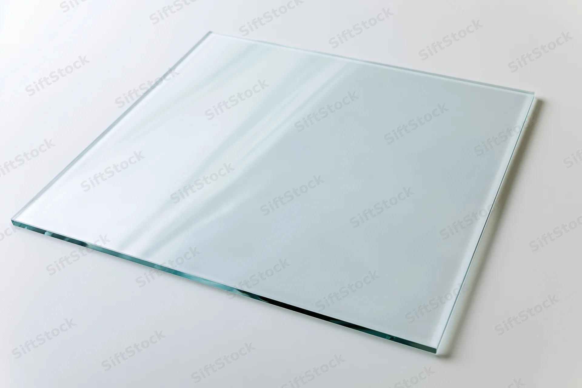 Clear rectangular glass panel lying flat on white surface with smooth edges and reflections