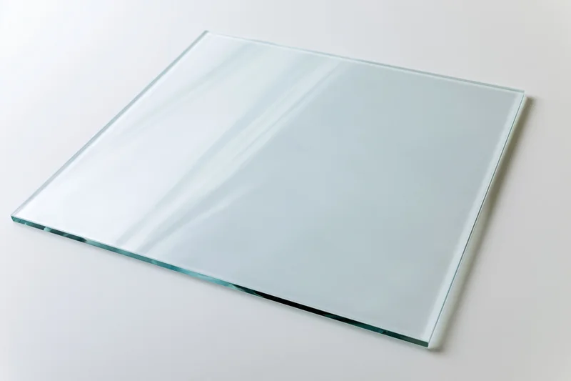 Clear rectangular glass panel lying flat on white surface with smooth edges and reflections