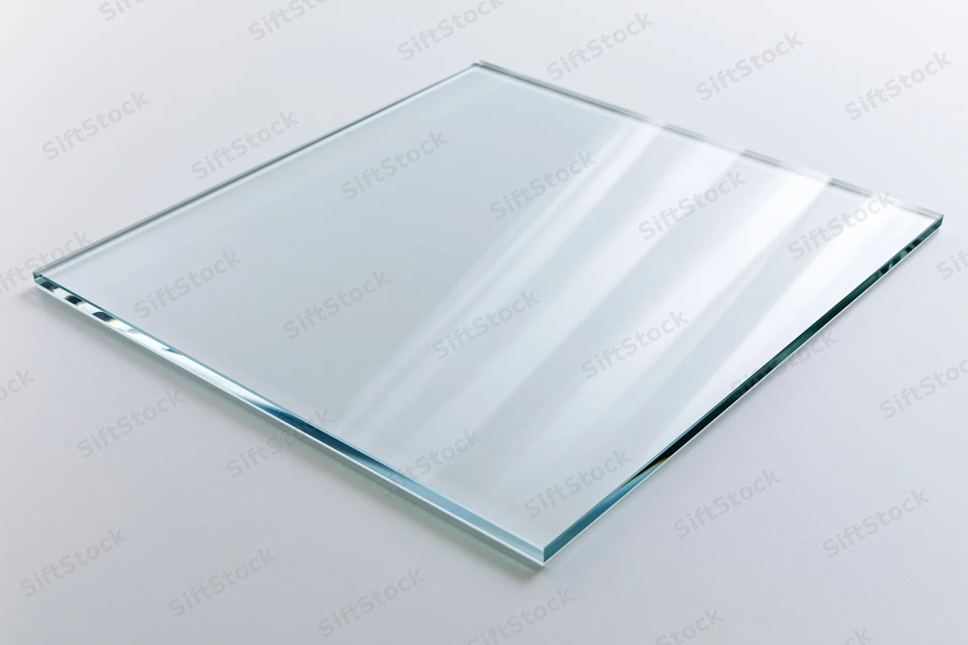Clear rectangular glass panel lying flat on white surface with reflections and copyspace