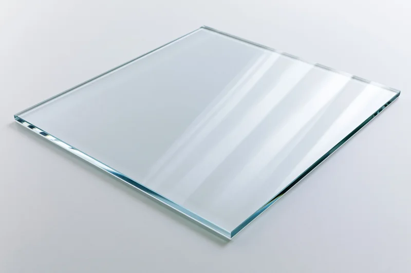 Clear rectangular glass panel lying flat on white surface with reflections and copyspace