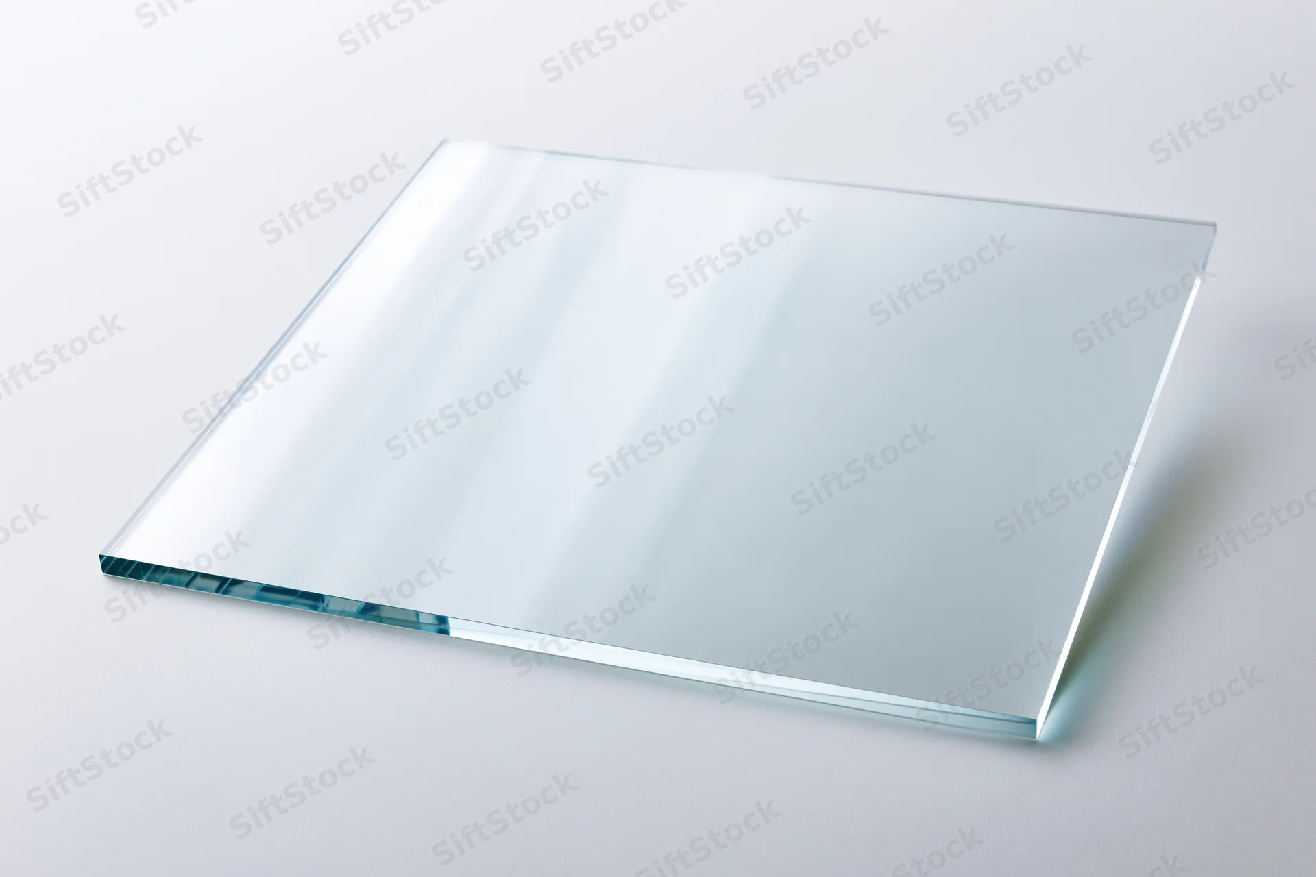 Clear rectangular glass panel lying flat on a white surface with copyspace