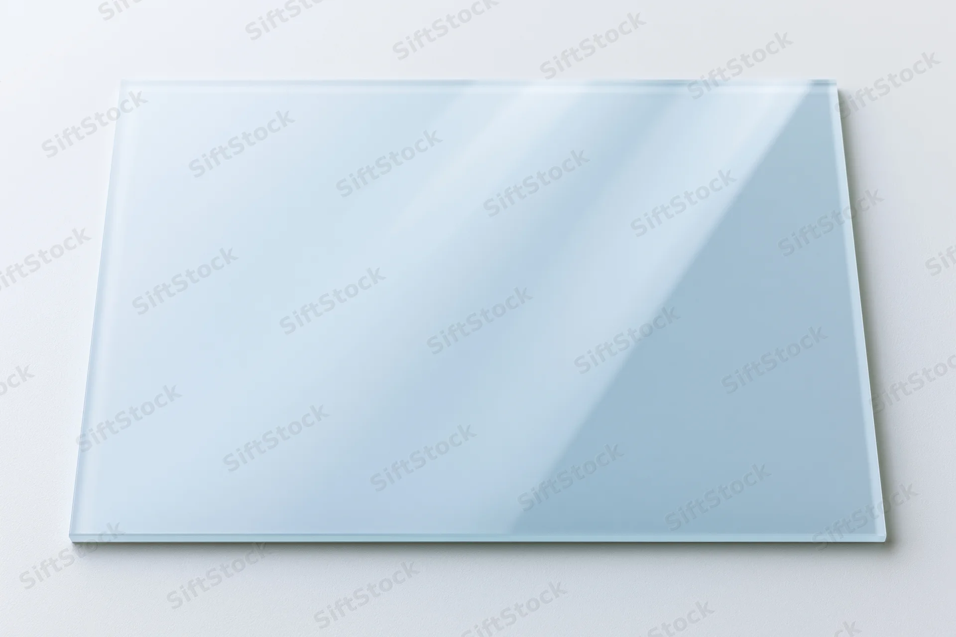 Clear rectangular glass panel lying flat on white surface with reflective highlights