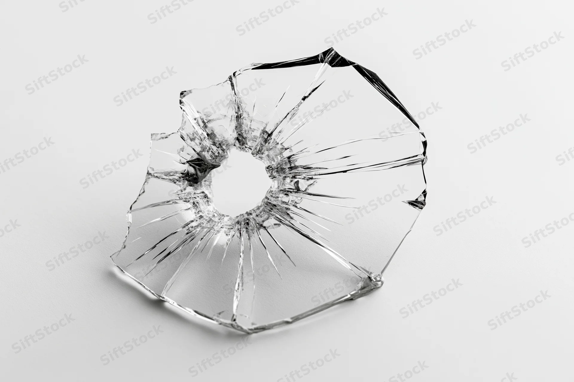 Bullet hole in a flat pane of clear glass centered in frame