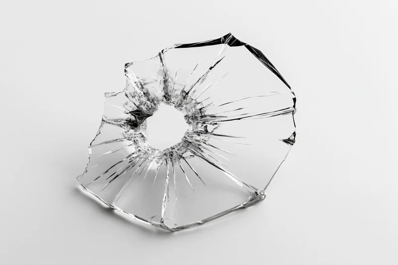 Bullet hole in a flat pane of clear glass centered in frame