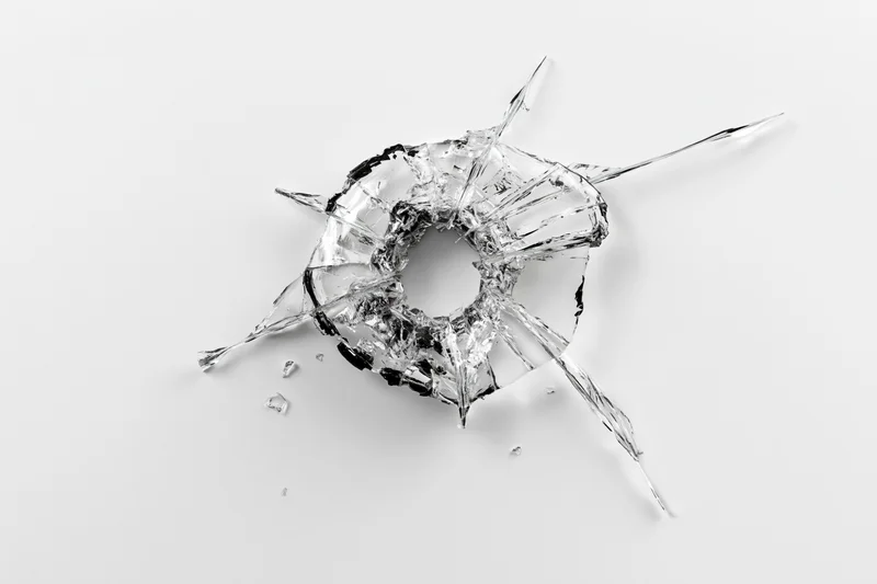Bullet hole in shattered clear glass pane centered on white background