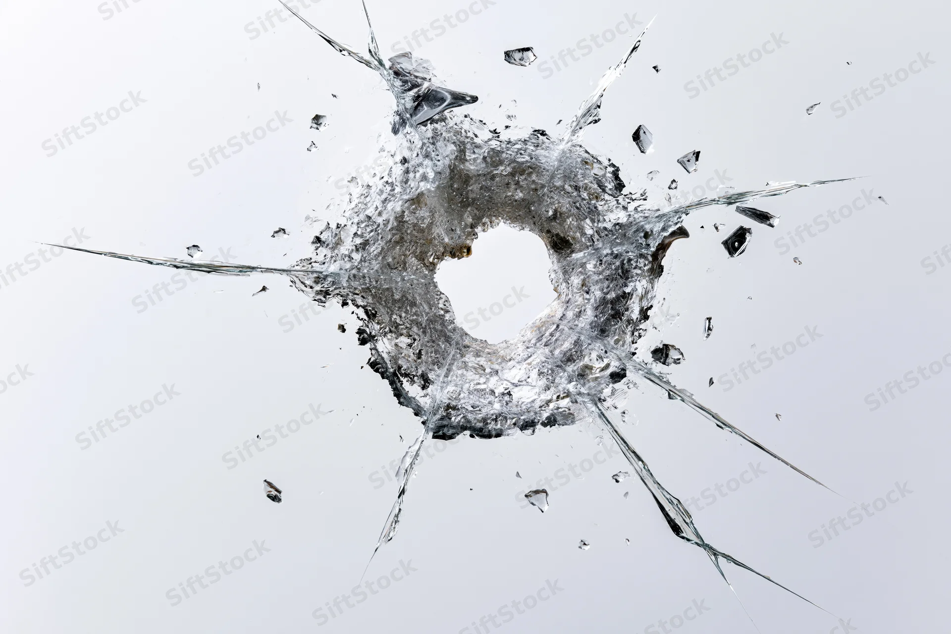 Bullet hole in a flat pane of clear glass centered in frame with radial cracks and flying shards