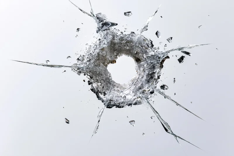Bullet hole in a flat pane of clear glass centered in frame with radial cracks and flying shards