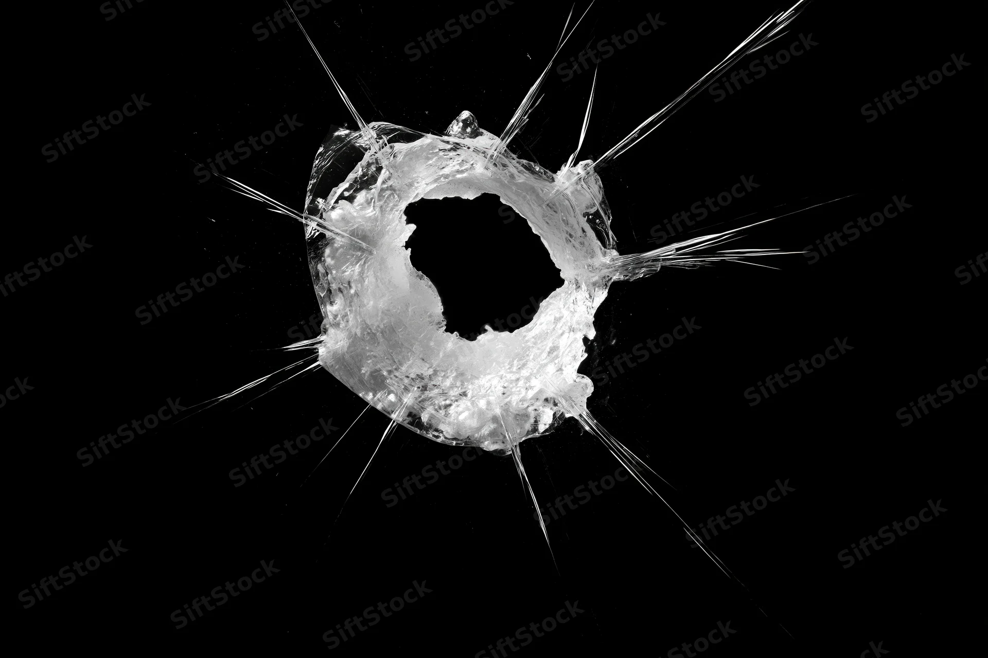 Bullet hole in a glass pane with radiating cracks spreading outward against black background