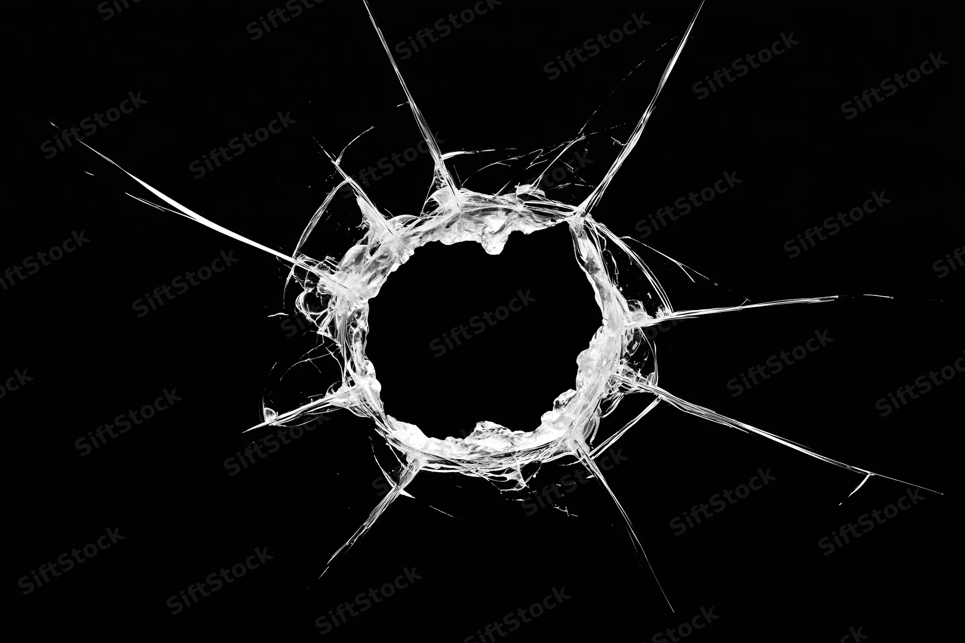 Circular bullet hole in glass with radiating cracks against black background