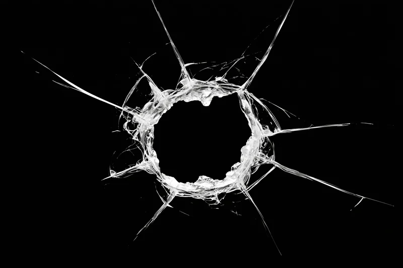 Circular bullet hole in glass with radiating cracks against black background