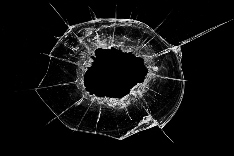 Circular bullet hole in shattered glass pane with radiating cracks against black background