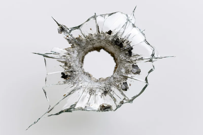 Circular bullet hole in a shattered glass pane with radial cracks and broken fragments around the edge