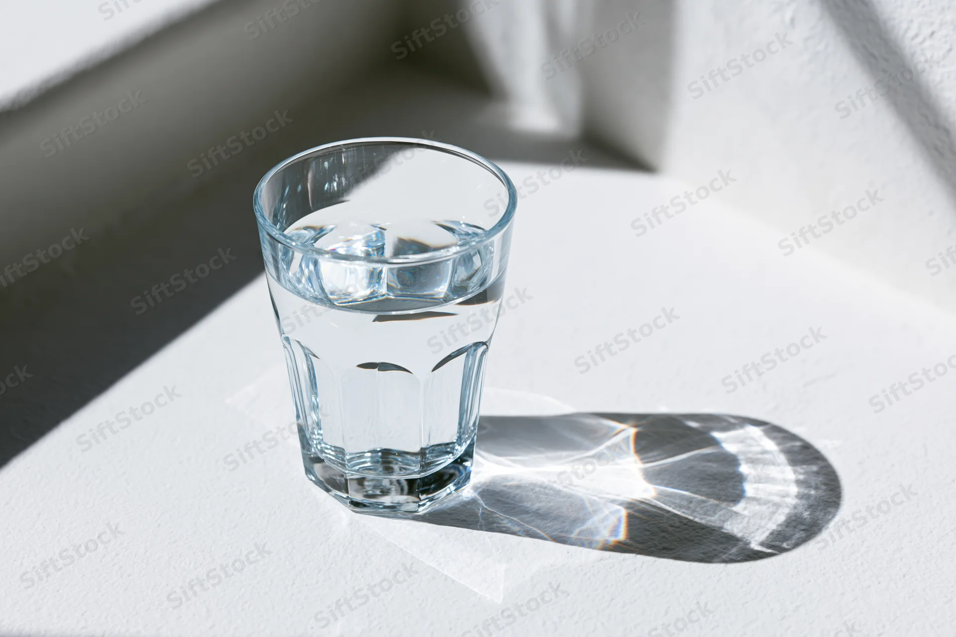 Faceted glass filled with water sitting on white surface in sunlight casting sharp shadow and light refraction patterns