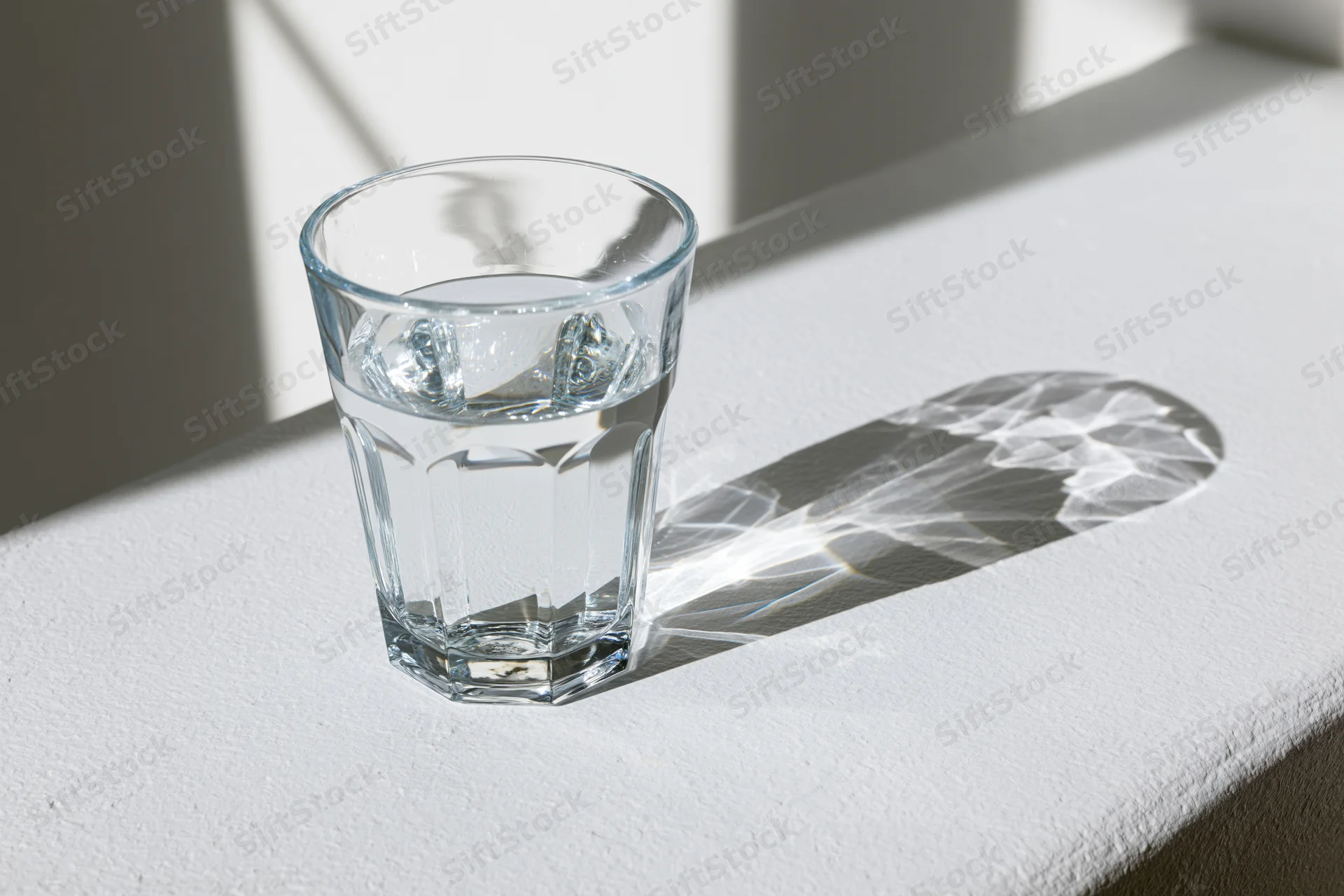 Faceted glass filled with water sitting on white surface in sunlight casting geometric shadow