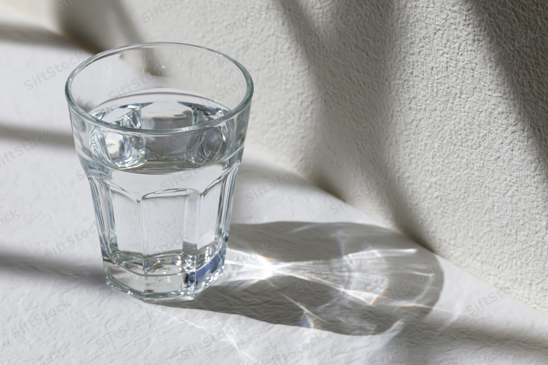 Faceted glass filled with water sitting on white fabric in sunlight