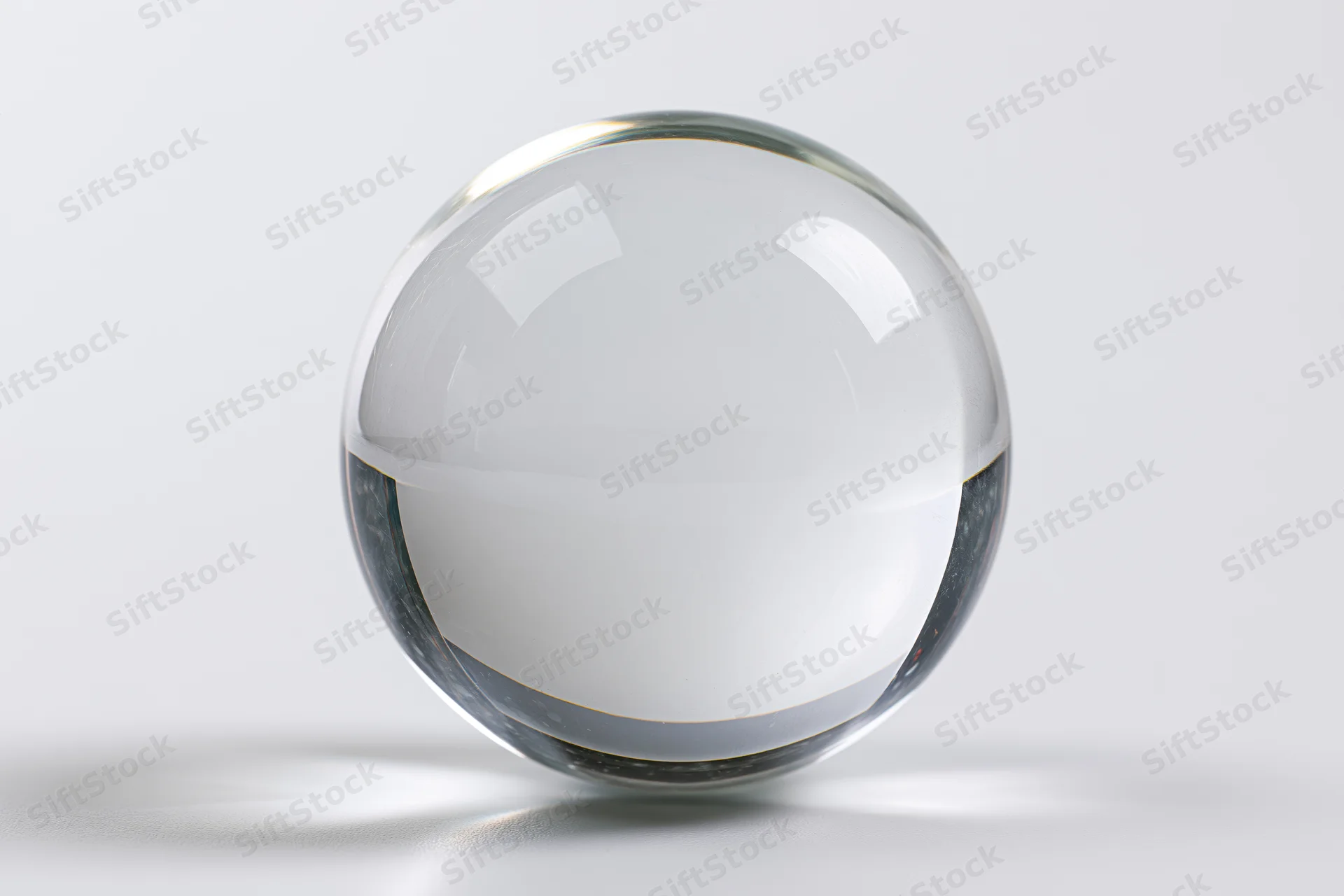 Clear glass crystal sphere resting upright on a white surface