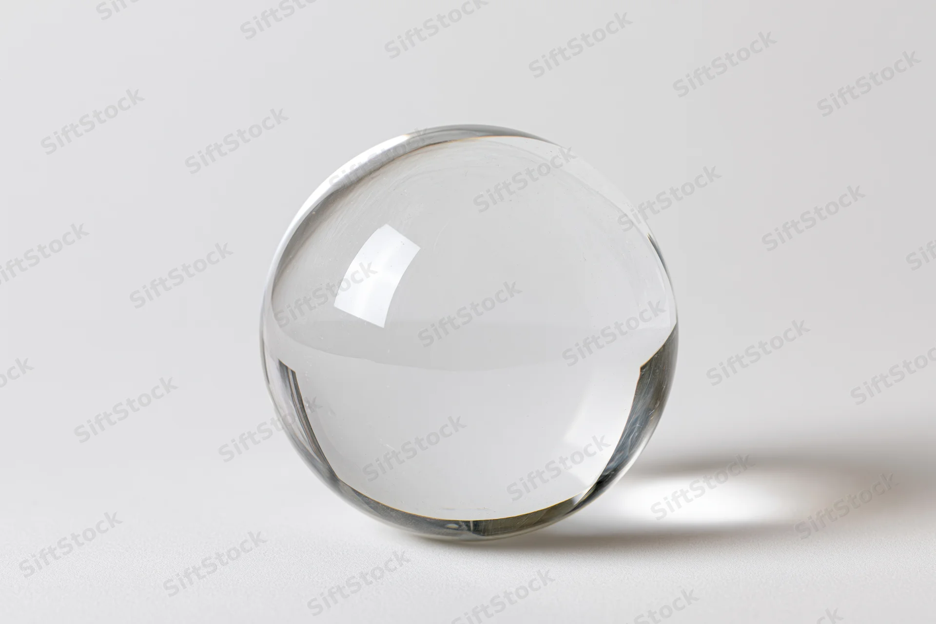 Clear glass crystal sphere resting upright on white surface
