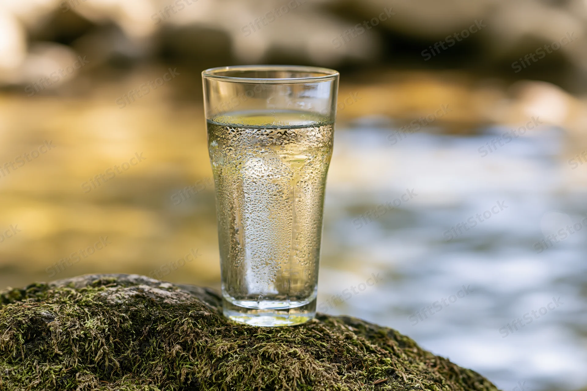 Clear glass of fresh water on mossy rock beside flowing stream