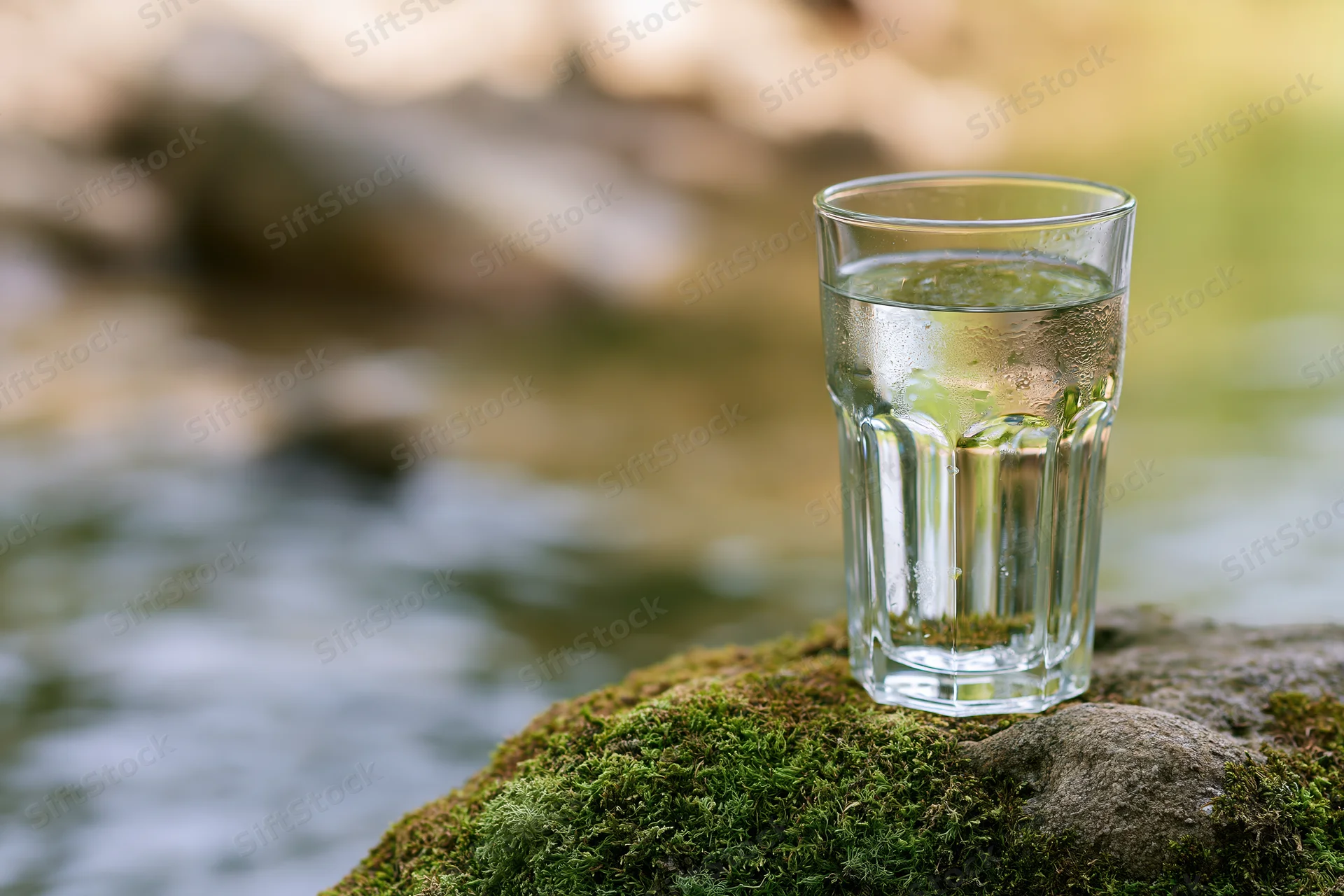 Clear glass of fresh water resting on moss-covered rock beside flowing stream