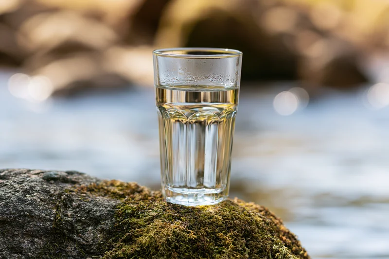Clear glass of fresh water resting on a moss-covered rock beside a flowing stream