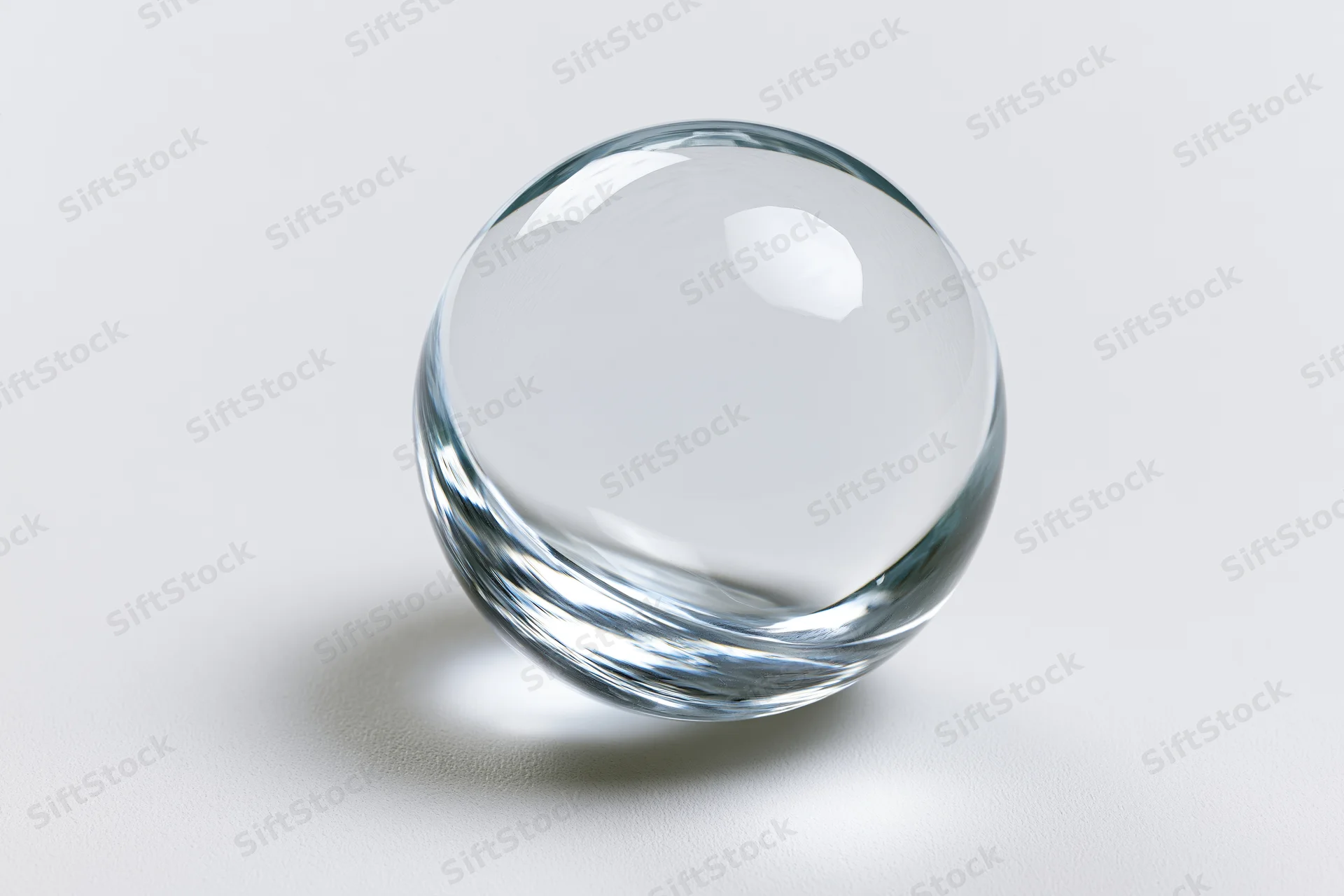 Clear glass sphere resting on plain white surface centered