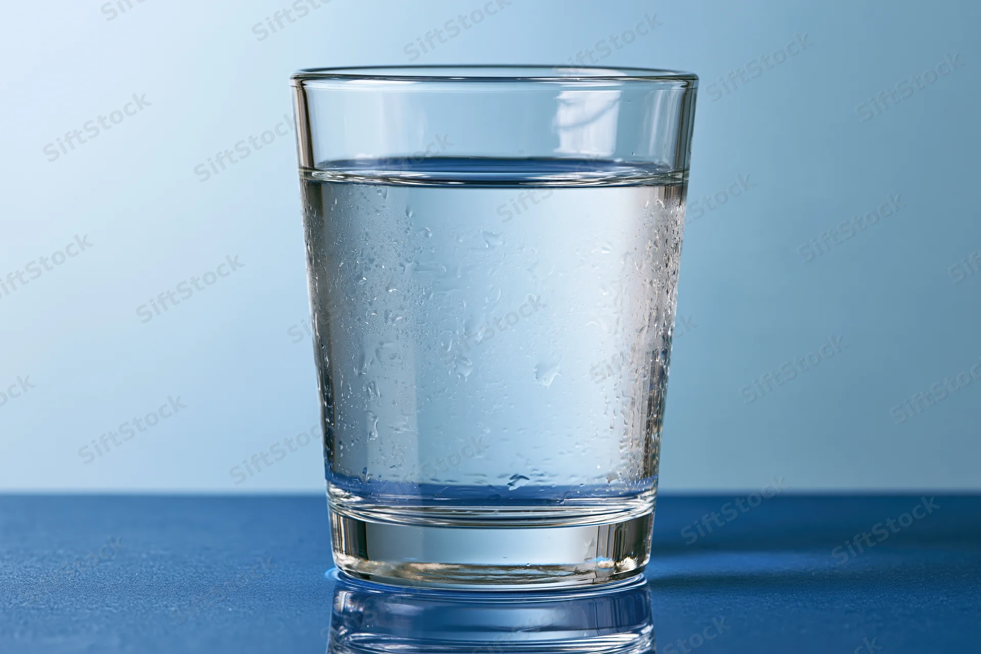 Clear glass tumbler filled with cold water sitting on a blue reflective surface