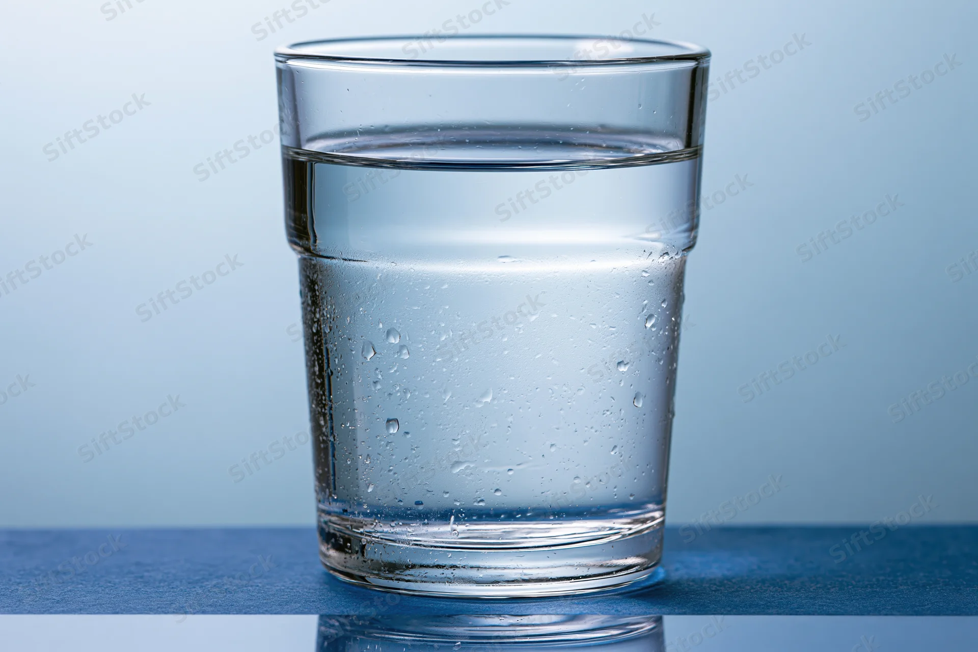 Clear glass tumbler filled with water sitting on a blue reflective surface