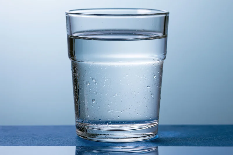 Clear glass tumbler filled with water sitting on a blue reflective surface