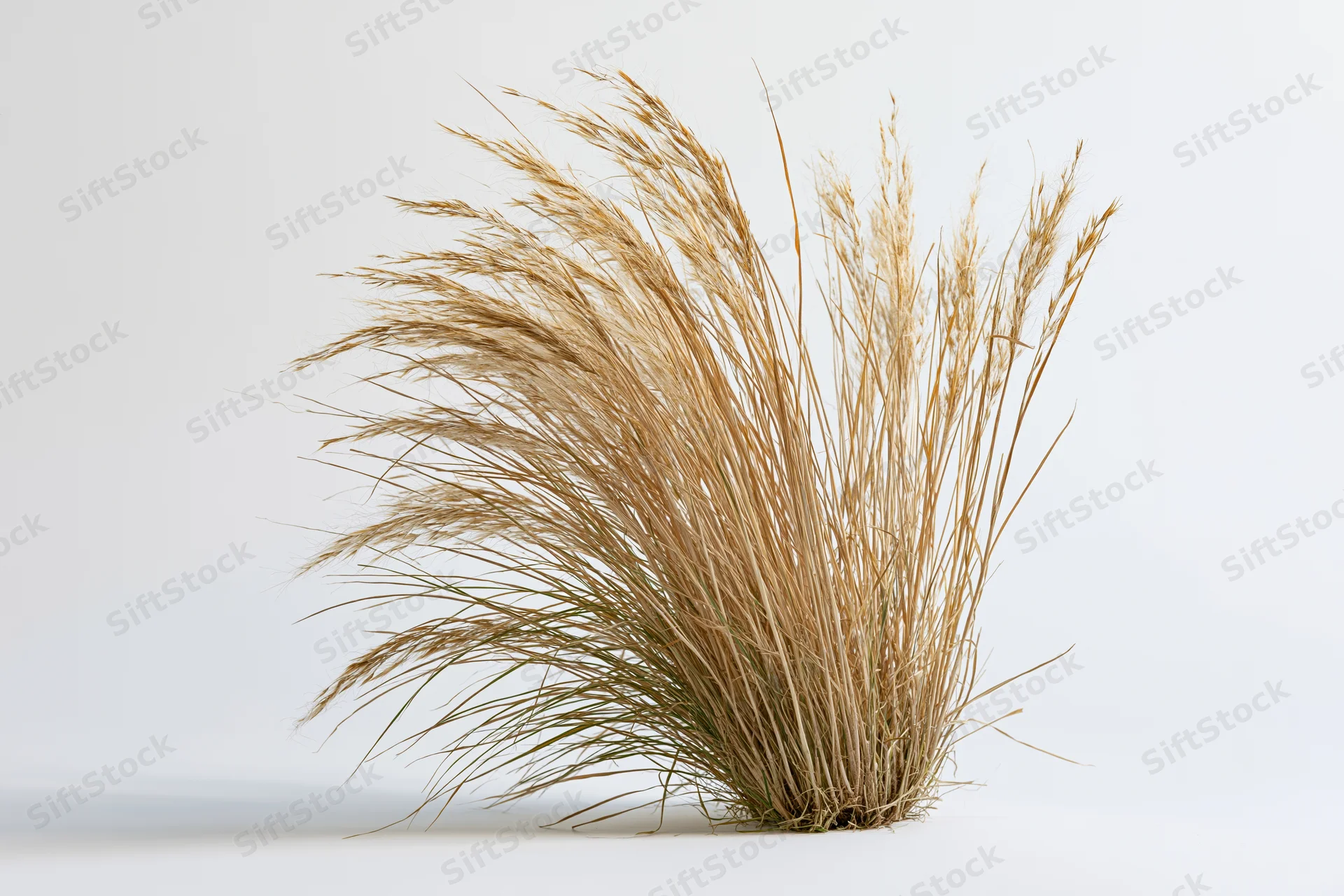 A clump of dry ornamental grass with tall wispy seed heads arranged on a white surface