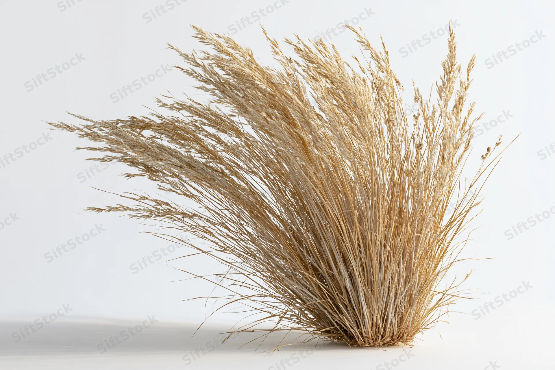 Clump of dry ornamental grass with tall wispy seed heads on white background