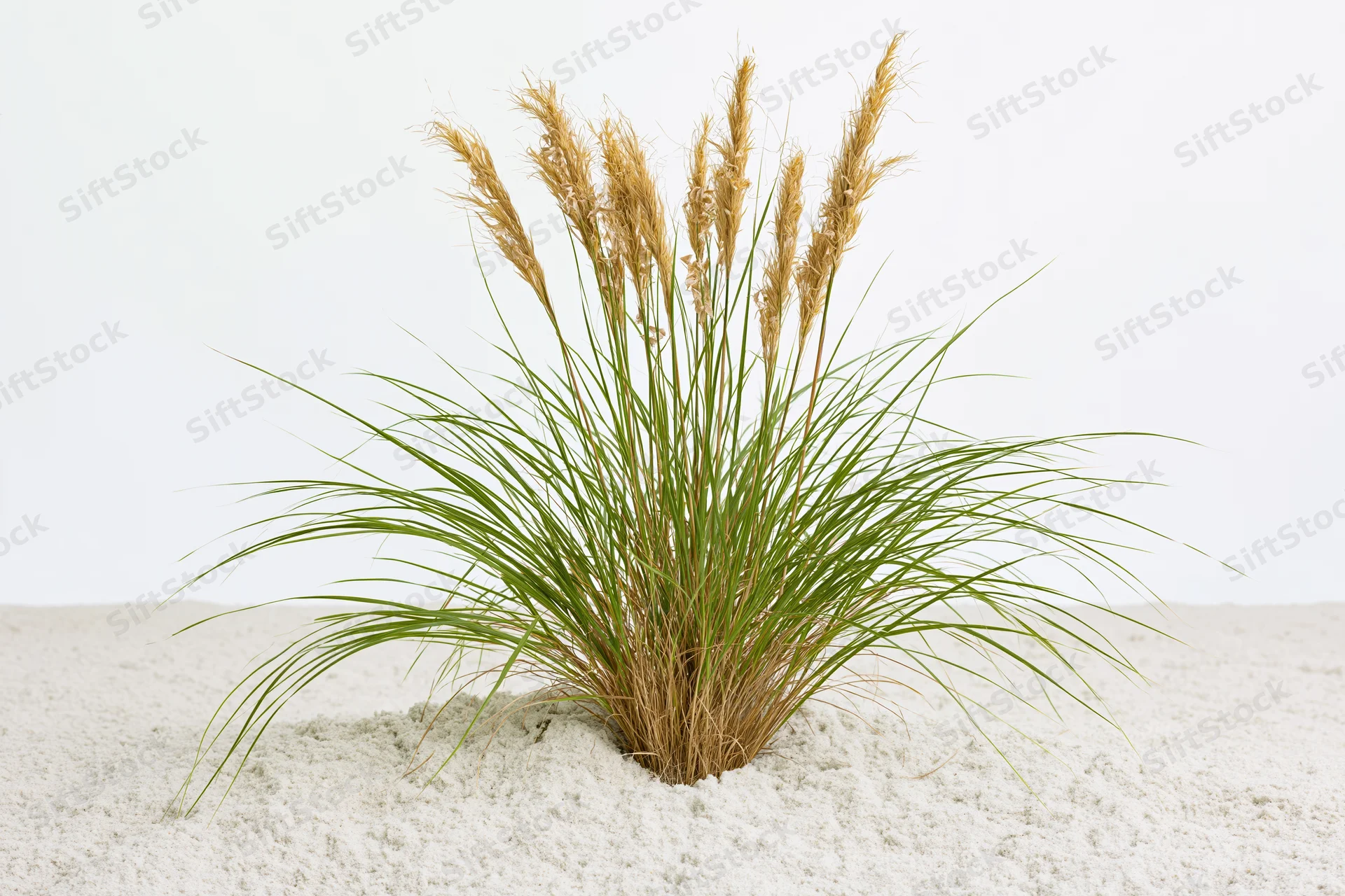 Clump of dune grass with tall seed heads growing from white sand