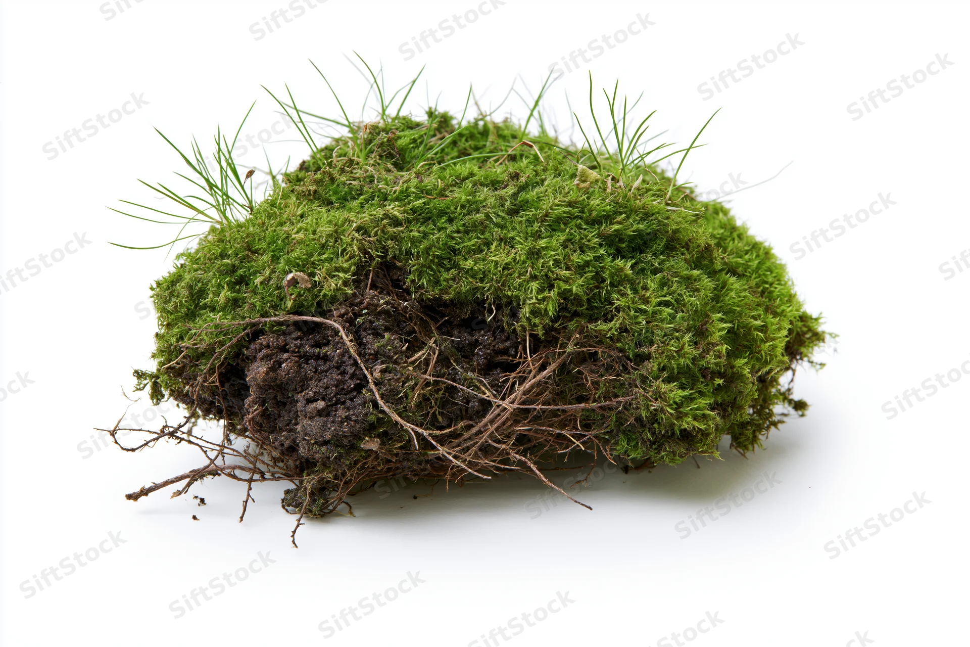 Clump of green moss with exposed soil and roots on white background