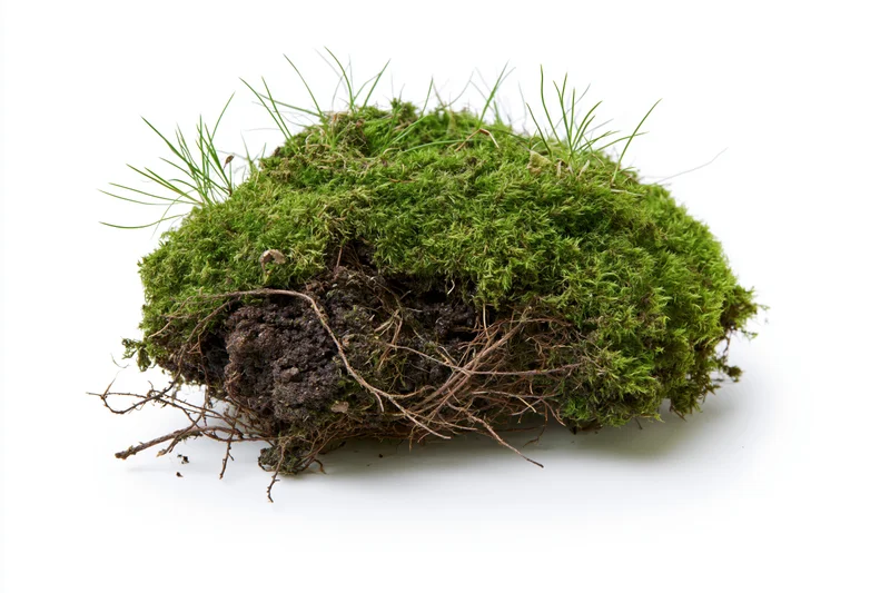 Clump of green moss with exposed soil and roots on white background
