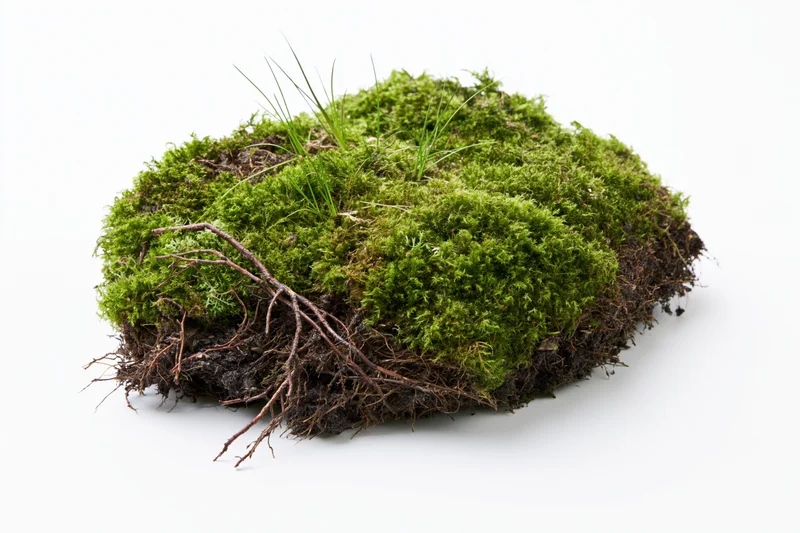 Clump of green moss with visible soil and roots isolated on white background