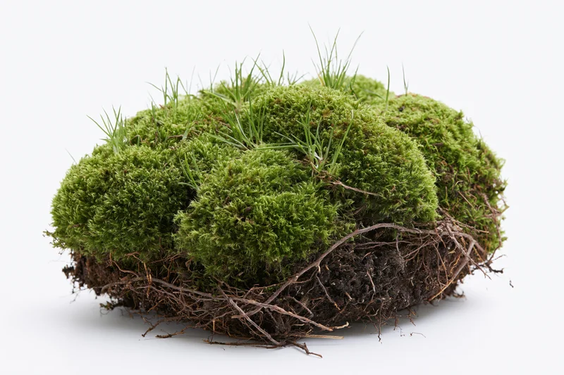 Clump of green moss with visible soil and roots isolated on white