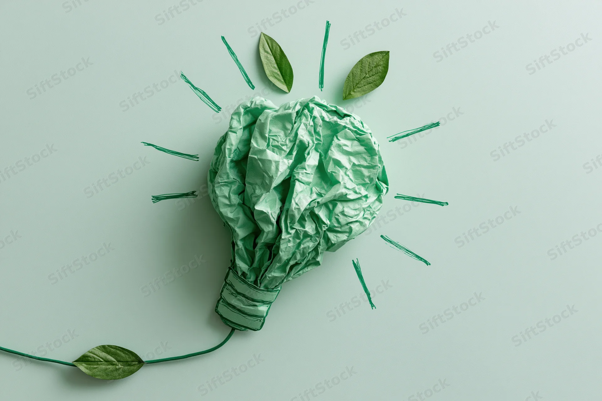 Crumpled green paper shaped as a lightbulb with leaves and drawn rays on a flat surface