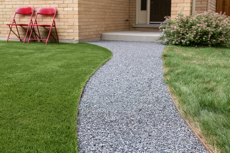 Curved gravel pathway winding through a front yard with green lawn and brick house entrance