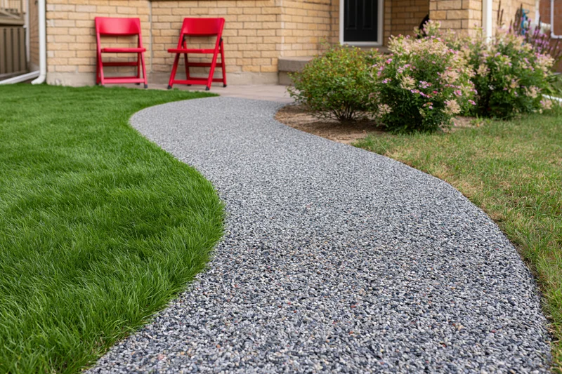 Curved gravel pathway winding through a front yard with green lawn and brick house exterior
