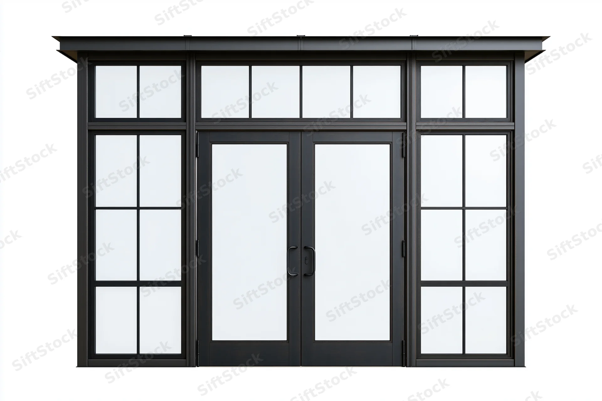 Dark charcoal steel-framed commercial glass double door system with transom windows and side lites, isolated on white background