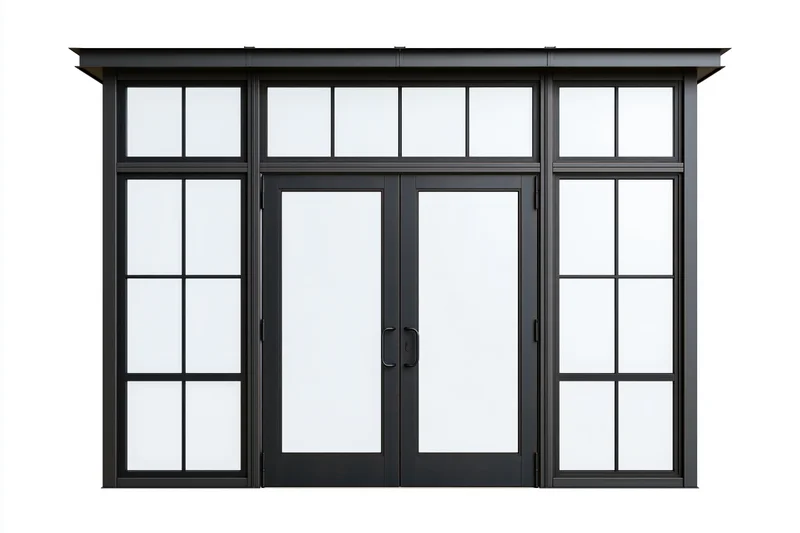 Dark charcoal steel-framed commercial glass double door system with transom windows and side lites, isolated on white background