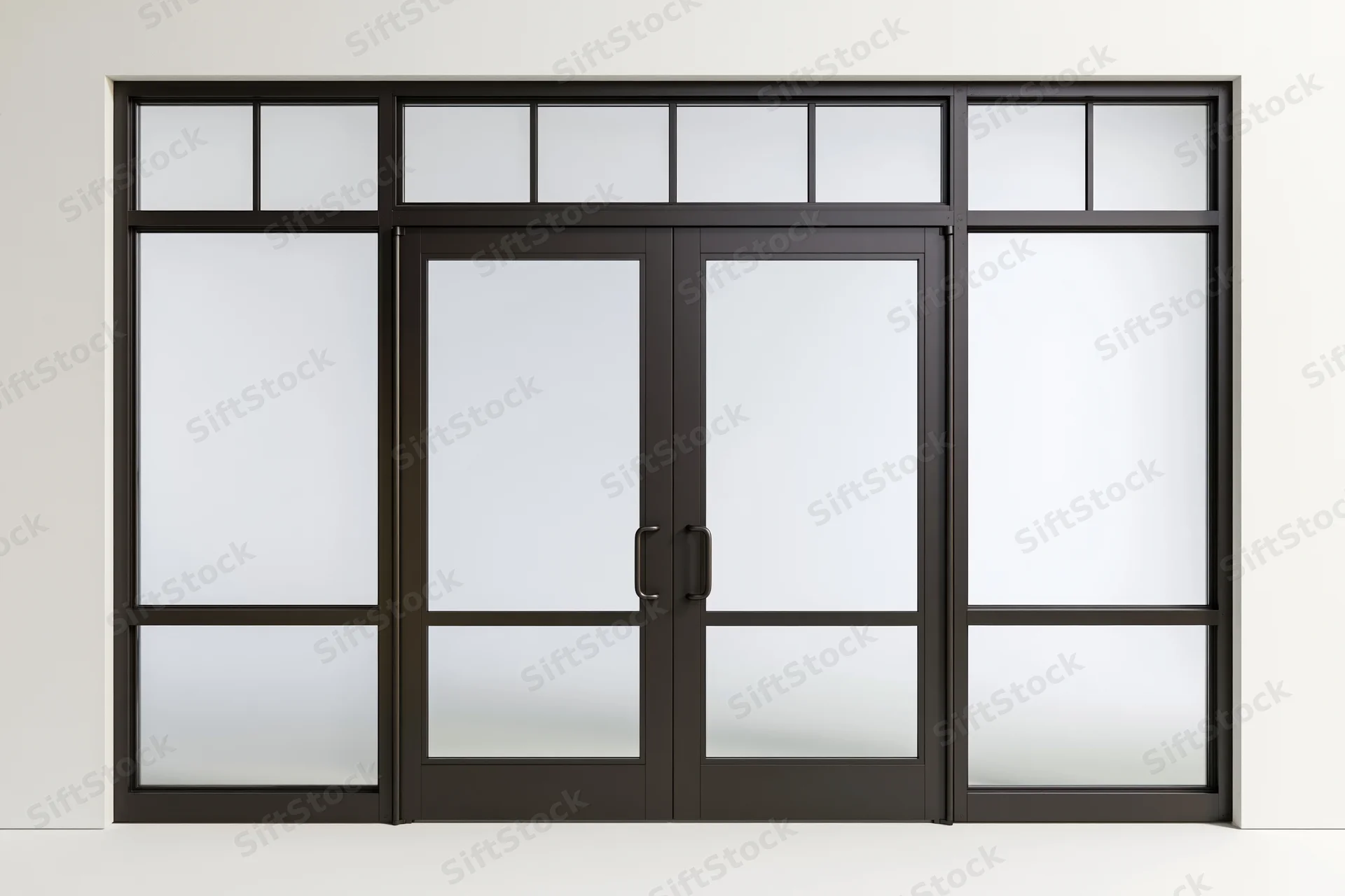 Dark charcoal steel-framed commercial glass double door system with frosted glass panels and transom windows in an interior building entrance