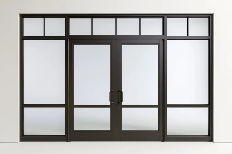 Dark charcoal steel-framed commercial glass double door system with frosted glass panels and transom windows in an interior building entrance
