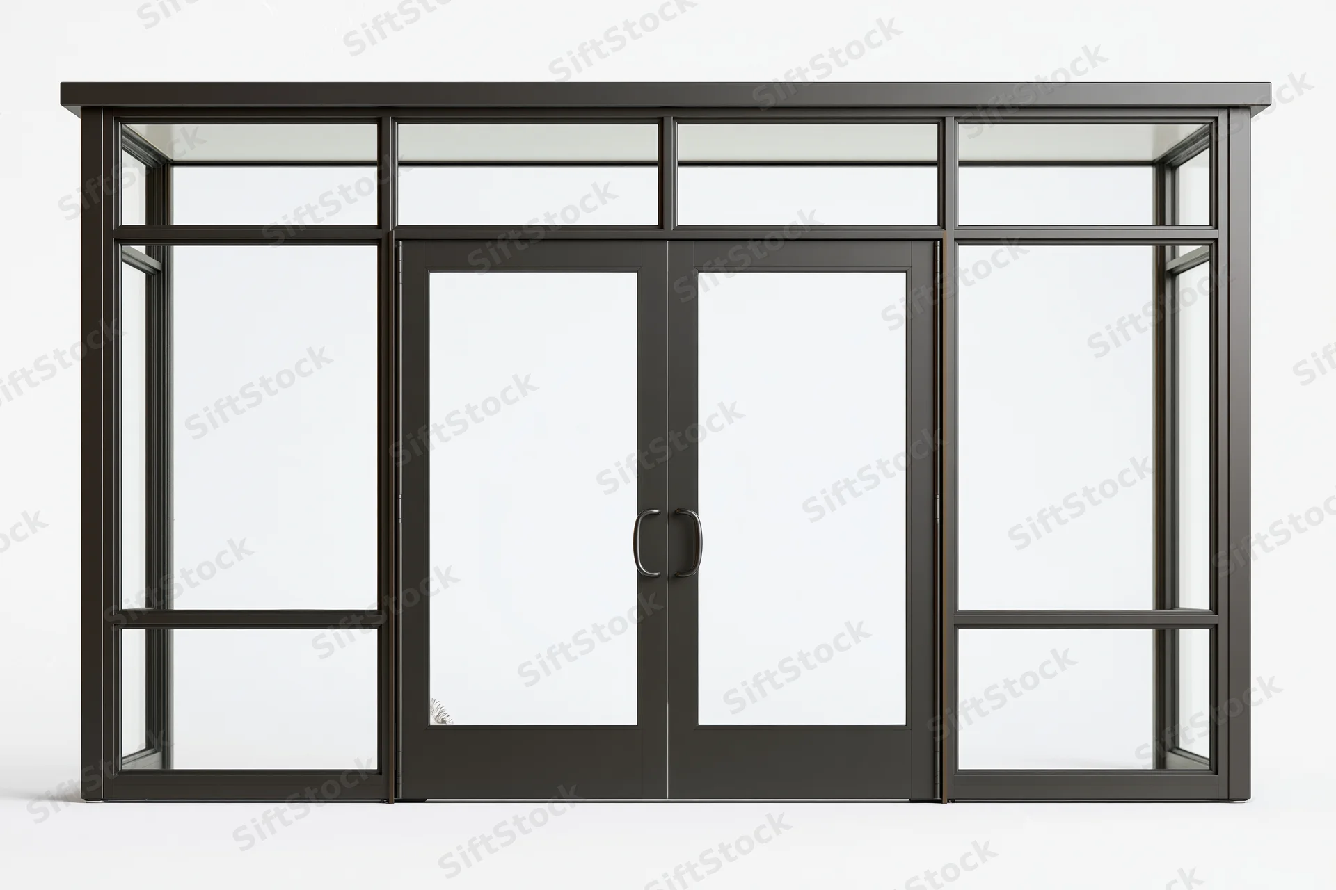 Dark charcoal steel-framed commercial glass double door system with transom windows and side lites, isolated on white background